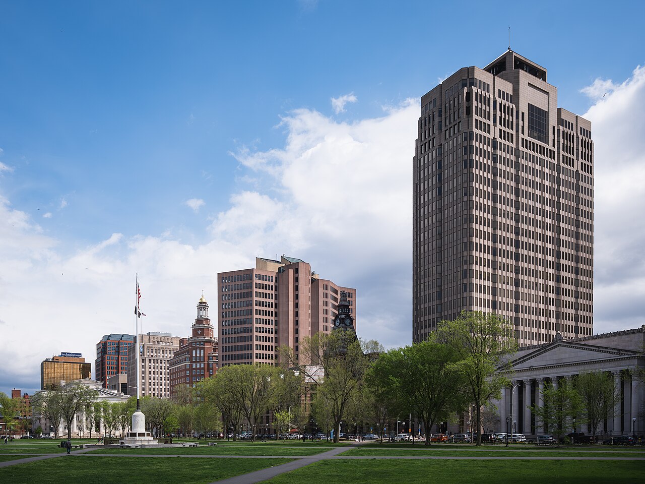 Downtown New Haven seen across the Green, with the Connecticut Financial Center at right.
